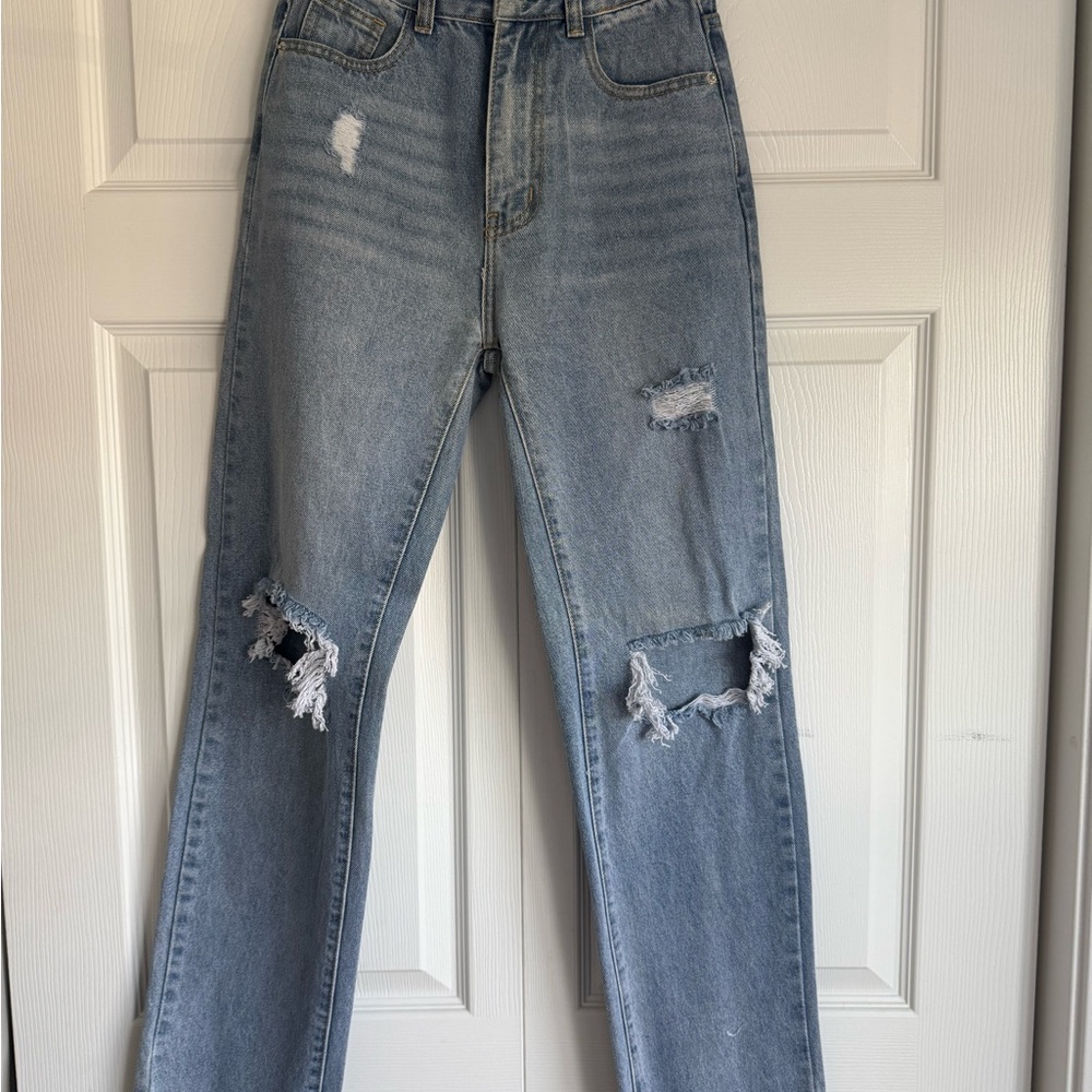 PrettyLittleThing Light Blue Distressed Straight Leg Jeans